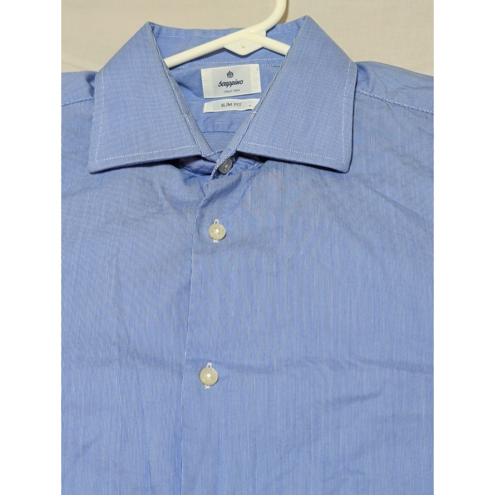 Scappino Italy Mens Dress Shirt 15.5 4-5 Blue White Micro Stripe Slim Fit LS